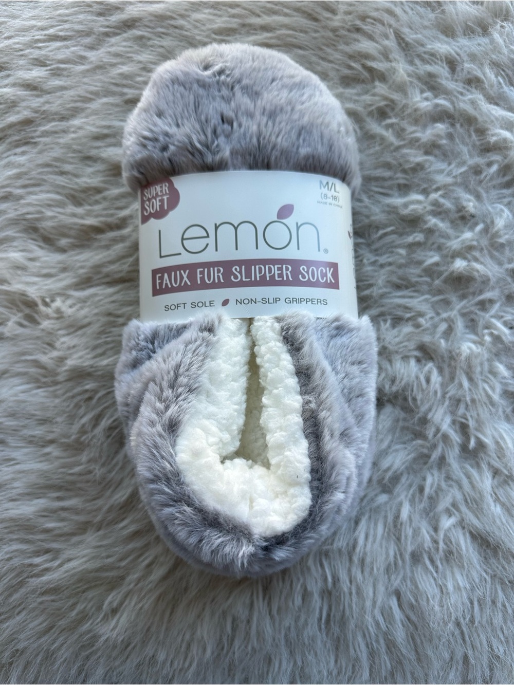Lemon Faux Fur Slipper Sock - Light Gray with White Lining slippers M/L 8 to 10